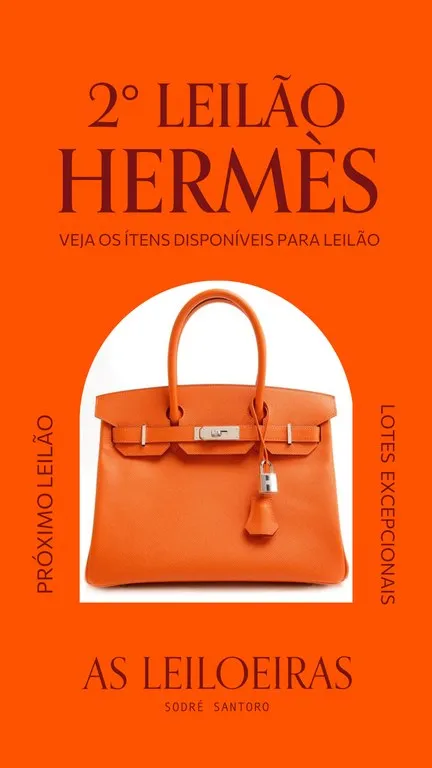 Poster for As Leiloeiras' second Hermès auction, with an orange Birkin
